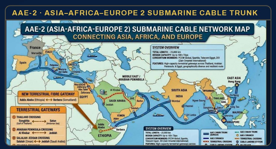 AAE-2 submarine cable network map showing routes connecting Asia, Africa and Europe